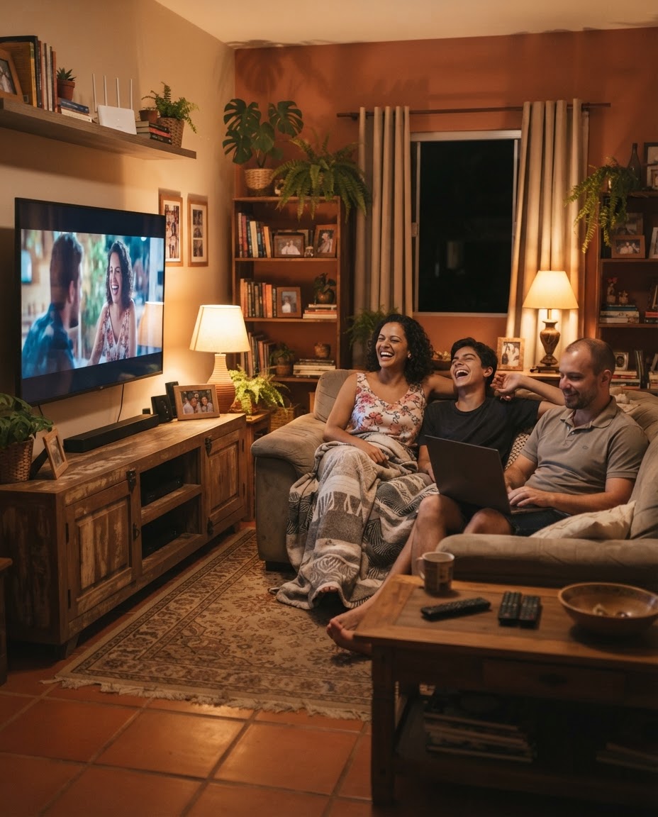 Família usando a internet fibra da Gubnet
